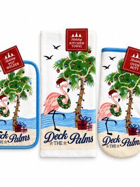 Flamingo Christmas Dish Towel Potholder Oven Mitt Tropical Beach Palms Set of 3